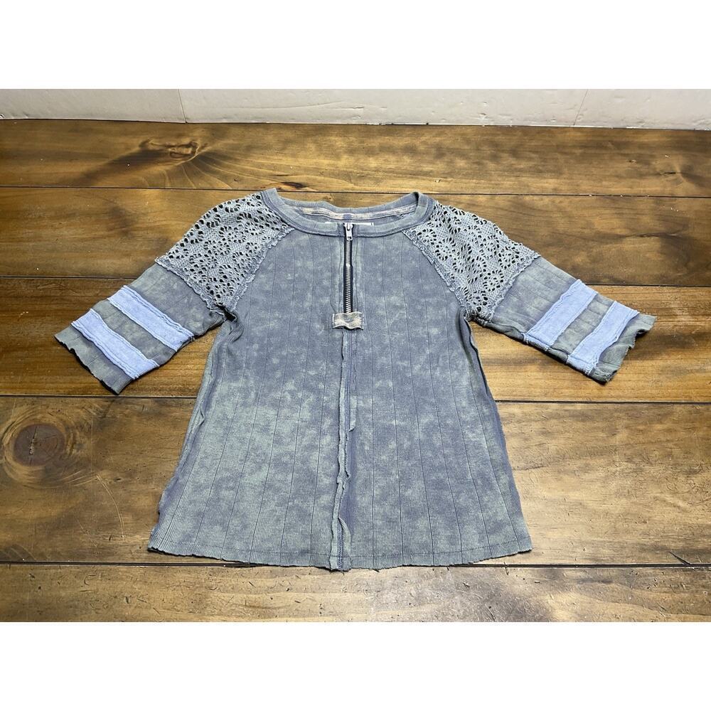 Free People Sun Glow Top Quarter Zip Lace Shoulder Relaxed Top Retro XS